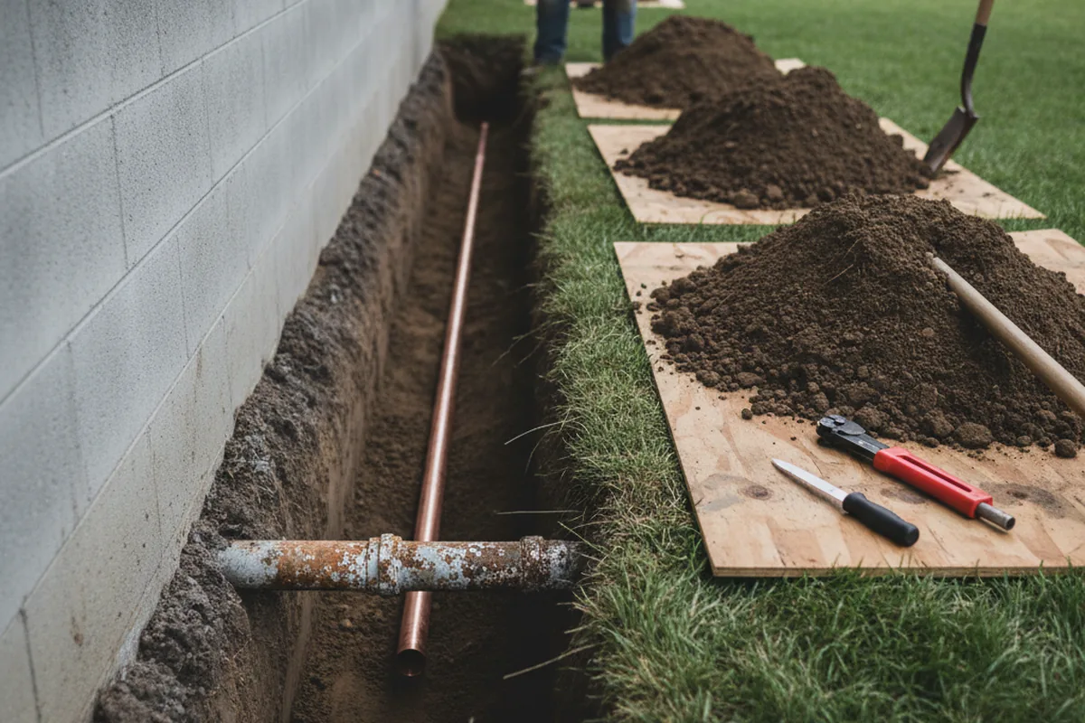 Excavated water line trench during Sewer Line Repair in Marble City